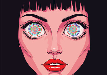 A stylized illustration of a woman's face with hypnotic, swirling eyes, staring forward.