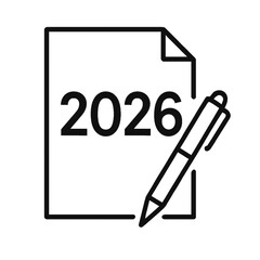 Paper and pen icon with bold 2026 text, symbolizing planning, goals, and resolutions. Minimal black outline vector design for New Year posters, cards, calendars, and holiday themes.