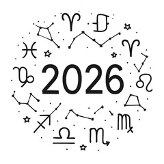 Bold 2026 text surrounded by zodiac symbols, stars, and constellation lines. Astrological New Year celebration vector perfect for posters, greeting cards, banners, and cosmic designs