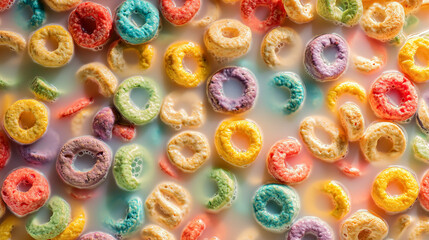 Close up of colorful cereal loops floating in a bowl of milk, top down view, breakfast food