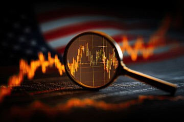 Magnifying glass over financial charts, American flag background. Dark, dramatic lighting