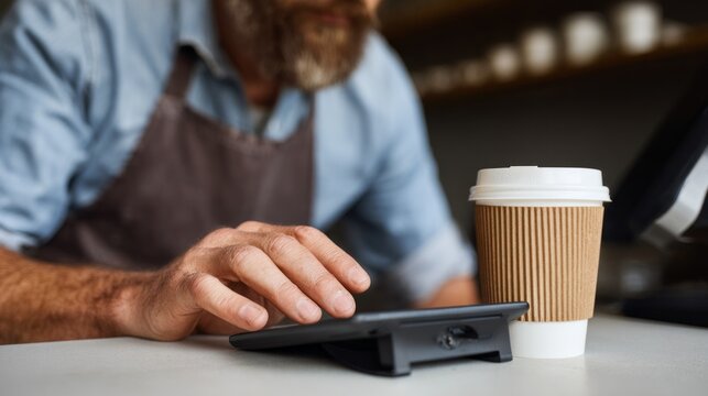 Male cashier with beard uses tablet while serving customers in a cozy cafe setting during the afternoon