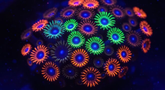 Fluorescent zoanthid polyps glowing under blue light in the deep ocean