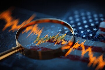 A magnifying glass over a stock chart over the American flag