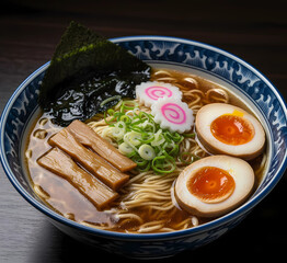 Photo and Illustration - Shoyu ramen with clear soy sauce broth, bamboo shoots, boiled egg, seaweed, and narutomaki