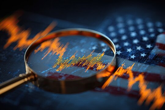 A magnifying glass over a stock chart over the American flag