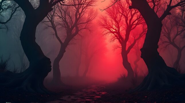 A dark haunted forest with gnarled trees silhouetted against a mysterious, glowing red fog. A spooky background for a horror or fantasy scene. - Powered by Adobe