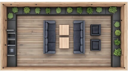 Relaxing outdoor seating arrangement modern patio 3d visualization cozy environment aerial view