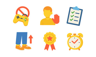 Colorful symbols for gaming limits, tasks, rewards, and time management