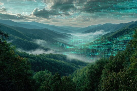A scenic vista shows layers of forested mountains and misty valleys with a digital overlay - Powered by Adobe