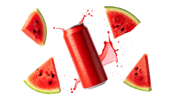 Green Aluminum Can with Floating Watermelon Slices and Red Liquid Splash isolated on transparent background