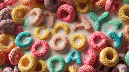 A close up shot of colorful letter and ring shaped cereal floating in white milk today