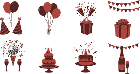Party celebration icons, birthday cake, balloons, gift box, champagne, disco ball, festive decorations, party hats, poppers, fun event symbols
