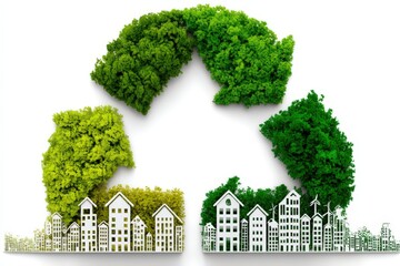 Innovative depiction of sustainable urban development illustrated through lush greenery and architectural models symbolizing eco-friendly practices and the concept of environmental responsibility