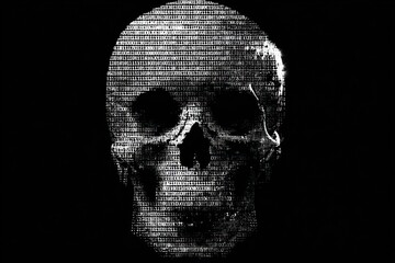 Digital Skull on Black Background with Binary Code Texture.