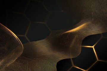 Abstract, golden wave floats over a textured, dark background with a honeycomb pattern