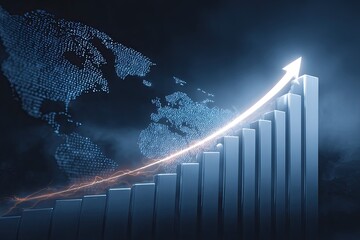 A digital, world map background with growing bar graph and arrow pointing upward, suggesting growth