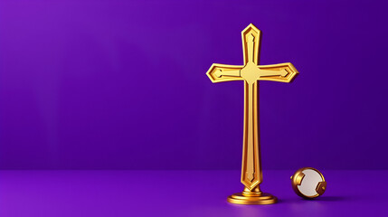 Golden Christian Cross on liturgic violet purple copy space banner background. 3D illustration concept for online worship church sermon in Advent and Lent symbolizing penance sacrifice and mourning