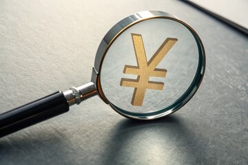 Magnifying glass focusing on a golden yen symbol on a textured surface with subtle shadows