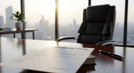 Resignation Letter on Executive Desk in Modern Office with City View, Symbolizing Career Transition and New Beginnings