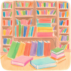 Hand-drawn illustration of a cozy bookshelf, books on shelf, bookshelf, library, education, Warm pastel design perfect for education, reading, library