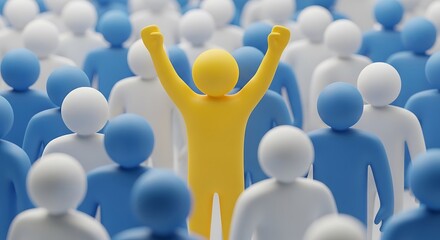 Fototapeta premium A single yellow figure stands out with arms raised in victory amidst a crowd of blue and white figures