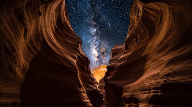 The Milky Way stretches across a narrow sliver of night sky visible between towering canyon walls geology, peaceful, deep space