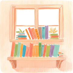 Hand-drawn illustration of a cozy bookshelf by the window with colorful books and small potted plants. Warm pastel design perfect for education, reading, library, and home interior projects