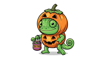 Chameleon in Pumpkin Costume: A charming chameleon, playfully clad in a pumpkin costume, gleefully clutches a trick or treat basket filled with colorful candies, perfect for Halloween festivities.