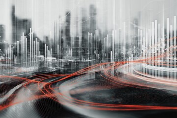 Composite image of a cityscape overlaid with data visualizations and dynamic light trails