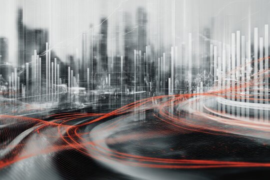 Composite image of a cityscape overlaid with data visualizations and dynamic light trails - Powered by Adobe