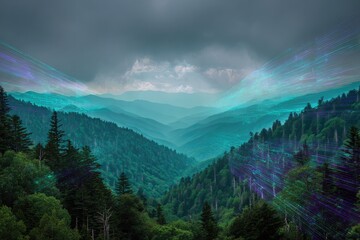Mountain vista with layered valleys and an atmospheric perspective, enhanced with digital light effects