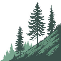 Obraz premium Stylized evergreen trees silhouetted against a white background on a grassy hillside