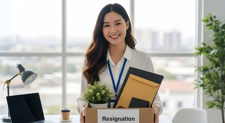 Smiling Young Asian Businesswoman Happily Holding a Resignation Box, Signifying a New Career Path and Fresh Start.