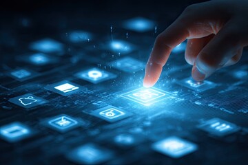 Digitized finger touches glowing interface button, surrounded by lit app icons against a dark background