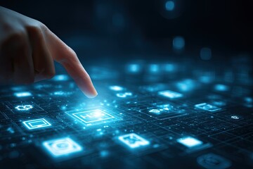 Hand touching illuminated interface. Digital circuit board with glowing icons, blue light