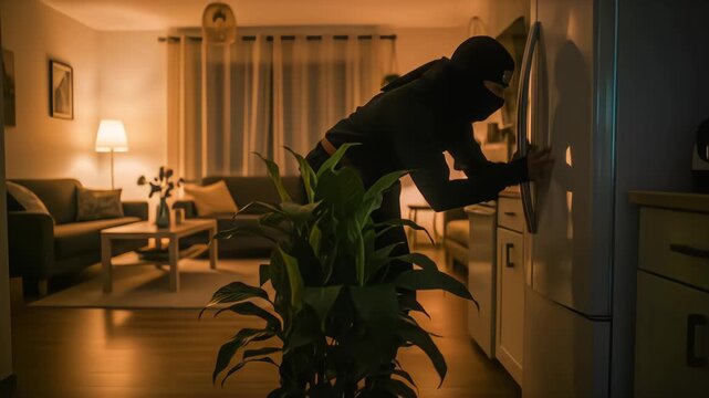 A stealthy ninja on a late-night mission comically raids the refrigerator, hiding behind a plant before closing the door