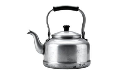 Shiny metal kettle with black handle