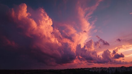 Dramatic evening sky filled with soft clouds glowing in warm sunset colors over a tranquil natural landscape