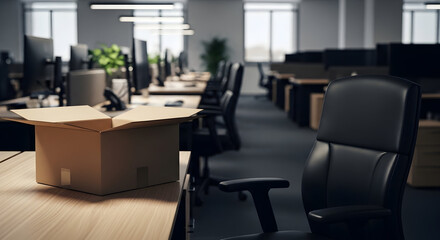 Cardboard Box on an Empty Desk Symbolizing a Resignation, Job Change, or Office Departure. Farewell to Corporate Life and New Beginnings Concept.