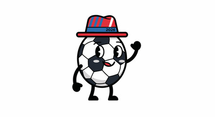 Cute Soccer Ball Cartoon Character Wearing a Hat with the Year 2026 for World Cup