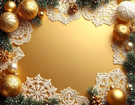 Festive flat illustration of Christmas decoration elements on a luxurious gold background, minimal and elegant