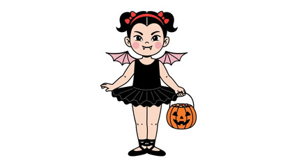 Fototapeta premium Halloween Little Vampire: A cute little girl dressed as a vampire. She is holding a pumpkin bucket with both a cute and scary emotion, standing, wearing bat wings and black dress.
