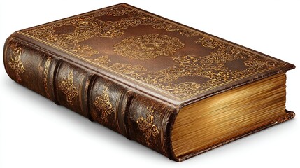Obraz premium Ornate leather-bound book with gilded edges lies at a slight angle, casting soft shadow