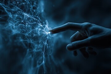 A hand reaches out, fingertip connecting with a glowing, abstract network of light