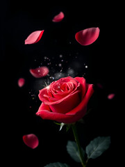 Red Rose with Sparkling Magic, Floating Petals on a Black Background
