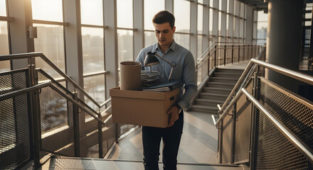 Young man leaving office after resignation, carrying his belongings in a box down a corporate staircase, symbolizing career change and uncertainty.