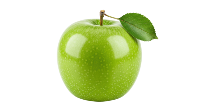 Fresh Granny Smith apple isolated on transparent background, green fruit with stem and leaf for healthy eating and cooking