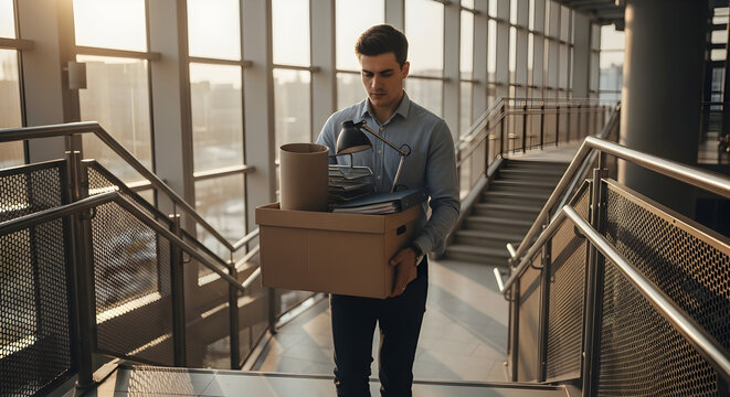 Young man leaving office after resignation, carrying his belongings in a box down a corporate staircase, symbolizing career change and uncertainty.