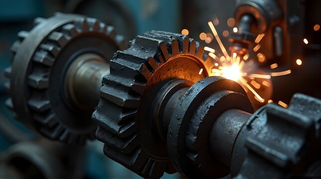 A close-up of heavy machinery gears in a factory, with welding sparks in the background. Represents industrial manufacturing and engineering.
